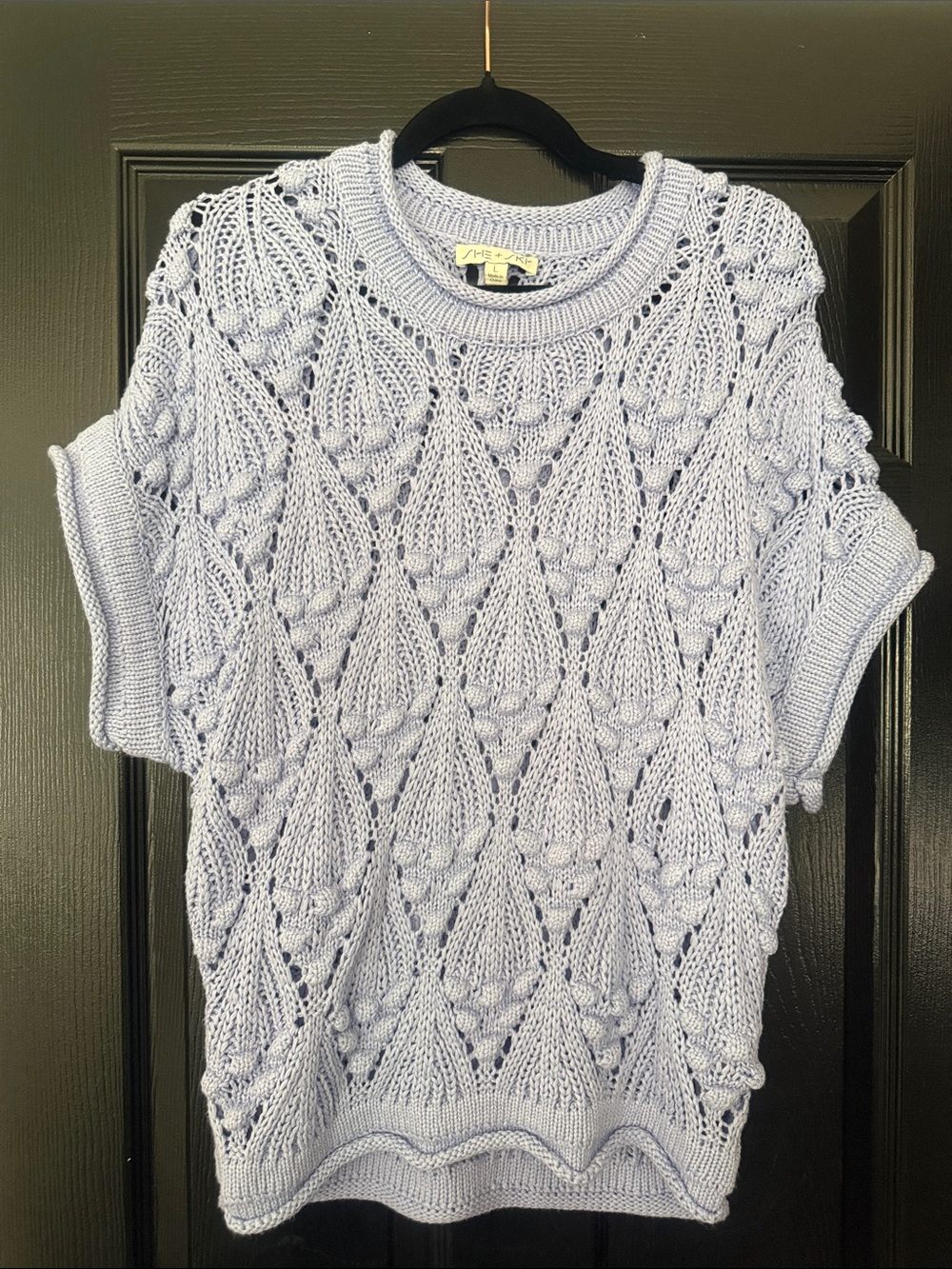 She + Sky Light Blue Crochet Short-Sleeve Knit Top